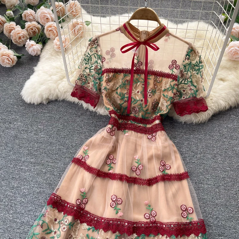  Puff Sleeve Women Vintage Embroidery Dress 