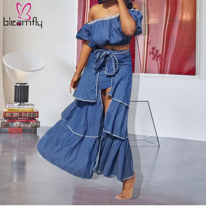 

Plus Size Summer 2019 Two Piece Set Off Shoulder Crop Top And Long Skirt Women 2 Piece Set Matching Sets Club Outfits Clothes