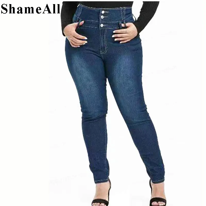 Узкие темно-синие длинные джинсы размера плюс на пуговицах 4XL 5XL, женские Стрейчевые тонкие джинсовые штаны с высокой талией, женские брюки