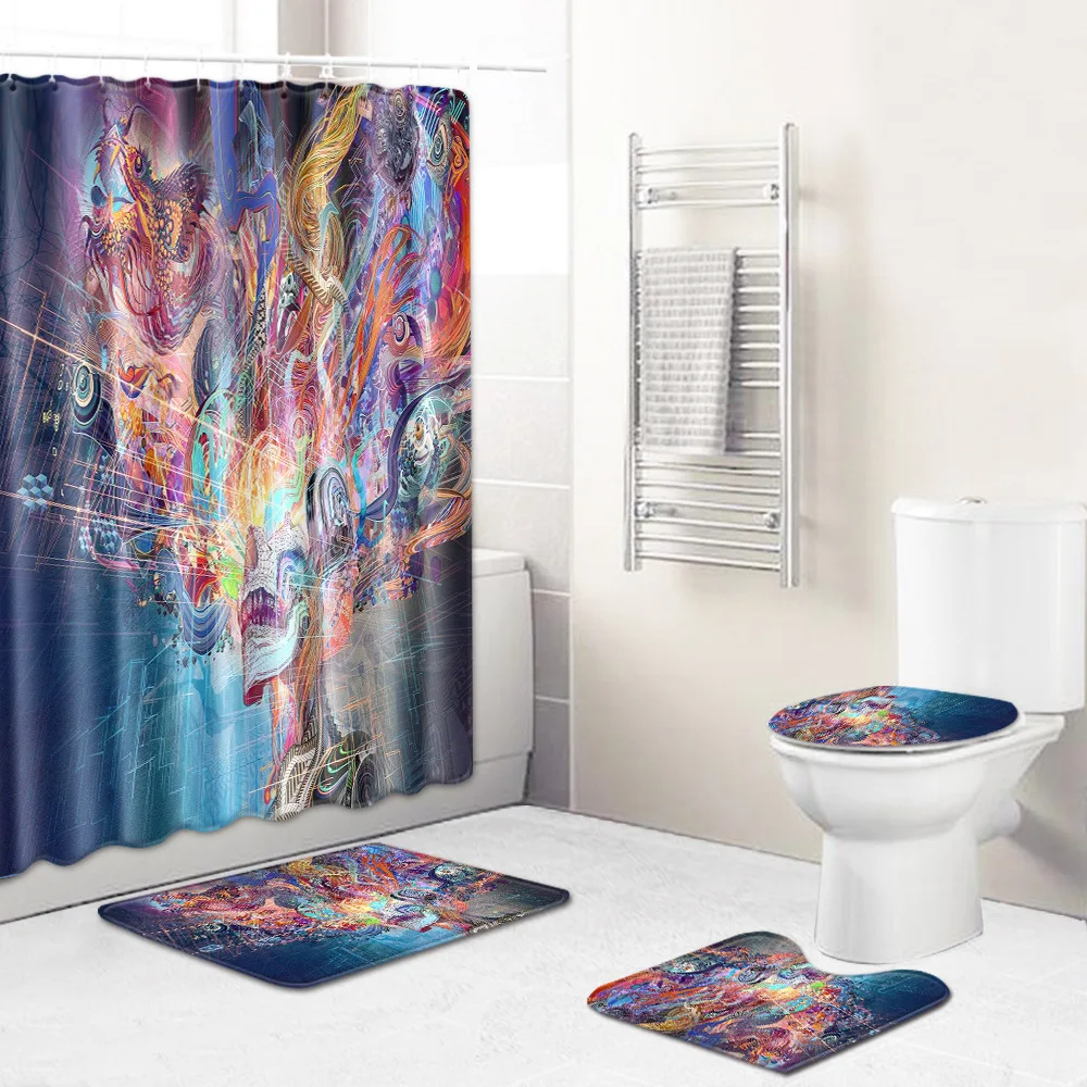 Zeegle Funny 4pcs Bath Mat Set Anti Slip Soft toilet pedestal Waterproof Shower Curtain Toilet Cover Seat Mat Bathroom Curtain
