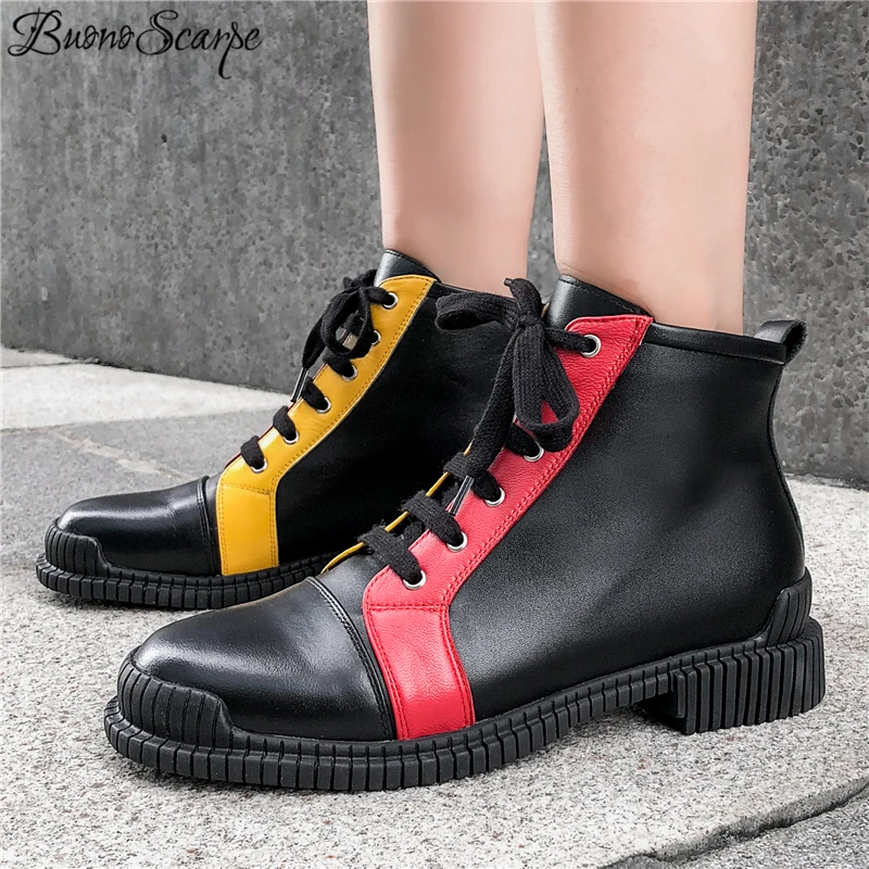 

Buono Scarpe Mixed Color Ankle Boots Mujer Lace Up Genuine Leather Short Boots High Quality Casual Runway Shoes Fashion Booties
