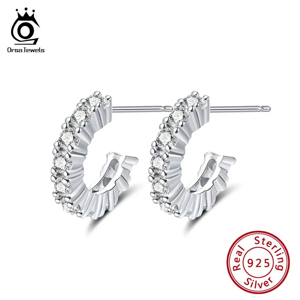 

ORSA JEWELS Authentic 925 Sterling Silver Half Round Stud Earrings AAAA Zircon Not Closed Lightweight Earrings Jewelry SE167