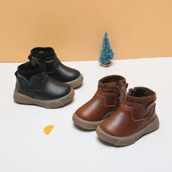 

2020 Winter Pu Leather Plush Unisex Baby Snow Boots Brown Black Color Infant Toddler First Walkers 1-3 Years Old Kids Shoes