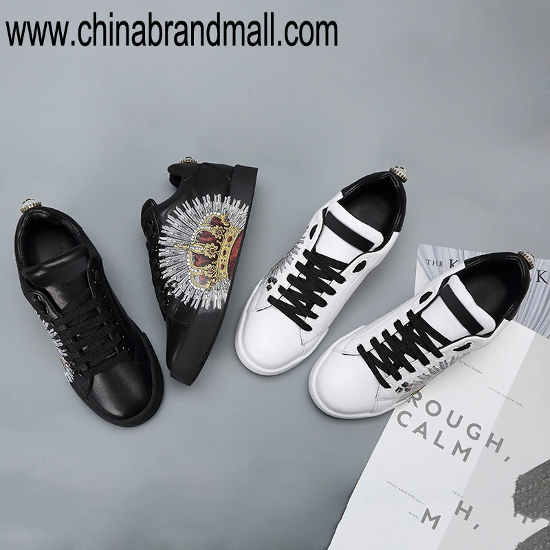 

Brand Spring Lady Casual White Shoes Women Sneaker Leisure White Shoes Embroidered Flat crown leather loafers shoes