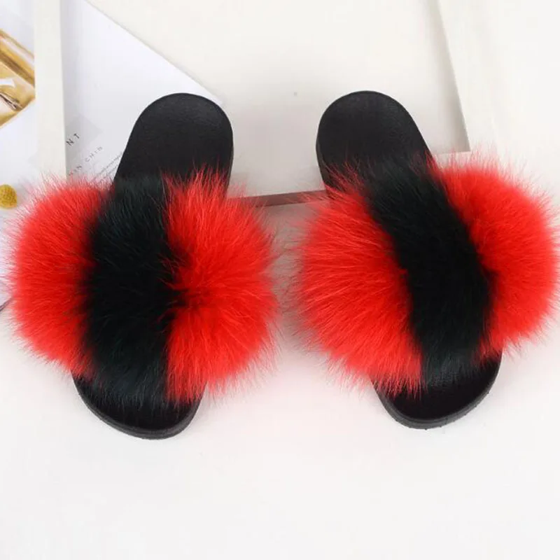 

Parent-child fox fur slippers women furry sandals ladies outer fur slides girl fluffy flat shoes ladies house fur flip flops men
