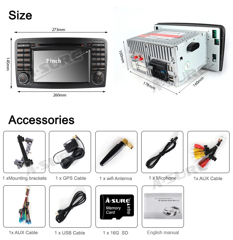 Excellent A-Sure 7 Inch 2 Din Android 9.0 Radio Gps DVD Player Navigation For Mercedes-Benz GL-Class X164 2005-2012 32G ROM Car Auto Radio 5