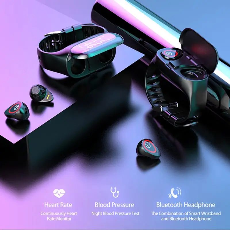 M1 Dual Bluetooth 4.2 Headset Smart Bracelet Heart Rate Blood Pressure Tracker Smart Watch for Ios Android Mobile Phone