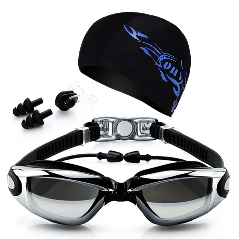 Pool Equipment Diving Eyewear Caps Earplugs Nose Clip Set Surfing Swimming Goggles Glasses Waterproof anti-fog UV Protection