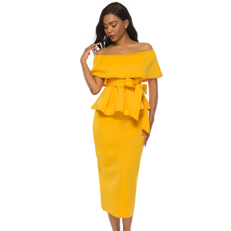 

Woman Set Skirt Peplum Top Blouse Off Shoulder Yellow Two Piece with Waistbelt Women Party Dress Suits Elegant Plus Size