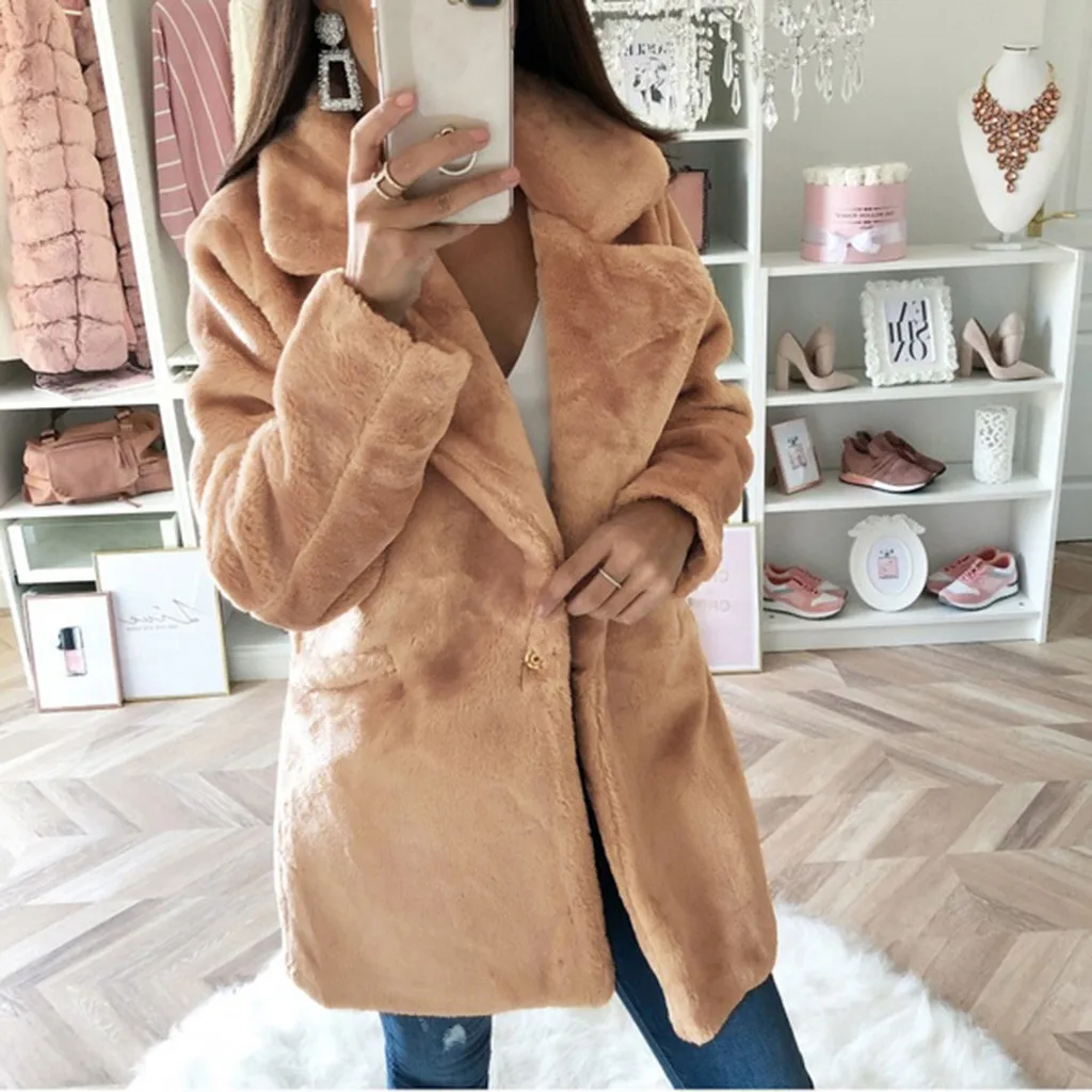 Womail пальто и куртки для женщин модное плотное офисное одноцветное пальто с карманами и отворотом Женская свободная верхняя одежда с длинным рукавом