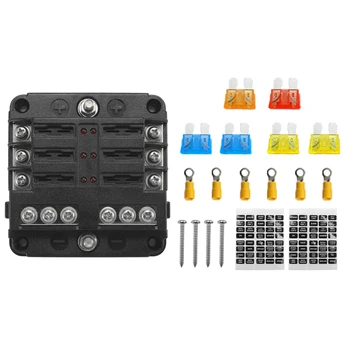 

32V Plastics Cover Fuse Box Holder M5 Stud With LED Indicator Light 6 Ways Blade for Auto Car With Fuse Blade Terminals