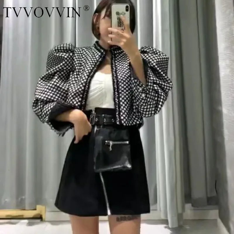 TVVOVVIN, Женское пальто, с пышными рукавами, с круглым вырезом, Короткие пальто, куртки, женские, в клетку, сочетающиеся цвета, винтажные, универсальные, короткие пальто B300