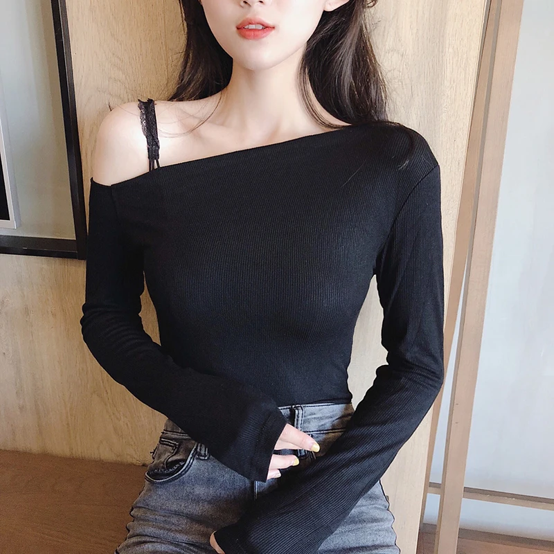 

Off Shoulder T Shirt Korean Fashion Elasticity Cotton Ladies Tops 2021 Long Sleeve T-Shirt Women Sexy Womens Clothing Tees Femme