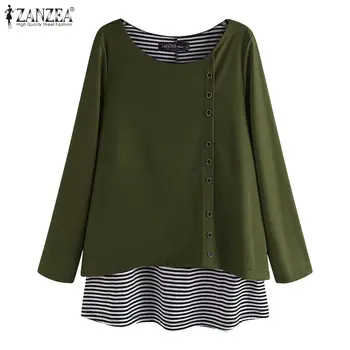 

2020 Autumn Long Sleeve Striped Shirts ZANZEA Vintage Women Pacthwork Blouse Casual Buttons Tunic Tops Plus Size Blusas Feminina