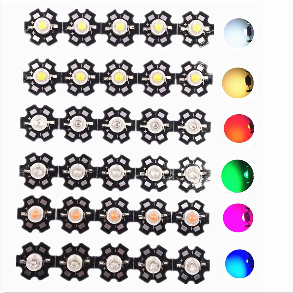 

100pcs 1W 3W High Power light emitter, Red, Green, Blue, white, Warm White, Cool White,Full Spectrum. LED with 20mm Star PCB