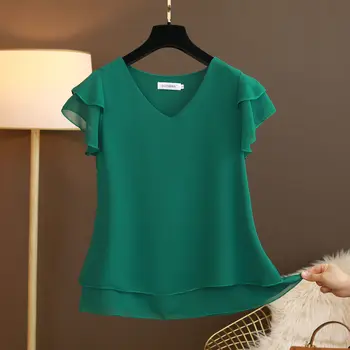 2026 New Summer Women Blouse Loose V-Neck Chiffon Shirt Female Short Sleeve Blouse Oversized Shirts womens tops and blouses Top 1