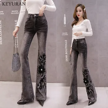 

Black Flare Pants Women 2020 Spring Summer 3D Flower Embroidered Scratched Beading Jeans High Waist Elastic Long Denim Trousers