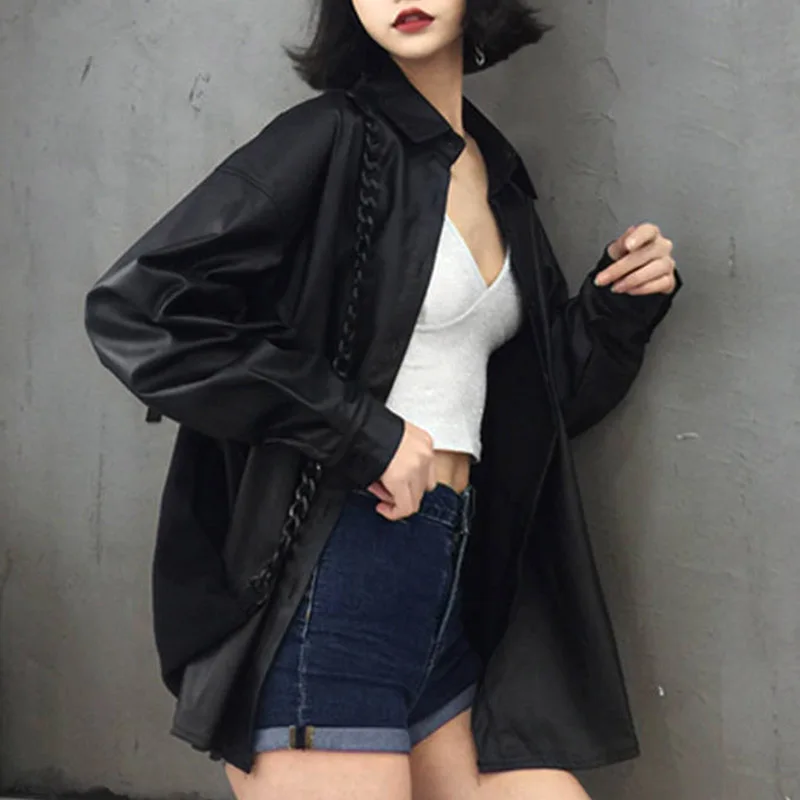 

Women Pu Leather Shirts Autumn Long Sleeve Turn-Down Collar Button Blouses Outwear Tops Casual Streetwear Female Clothes