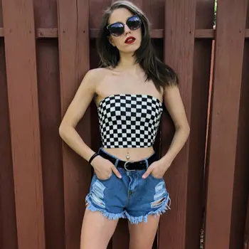

2020 Summer New Women Off Shoulder Boob Tube Tops Elastic Strapless Bandeau Plaid Crop Top