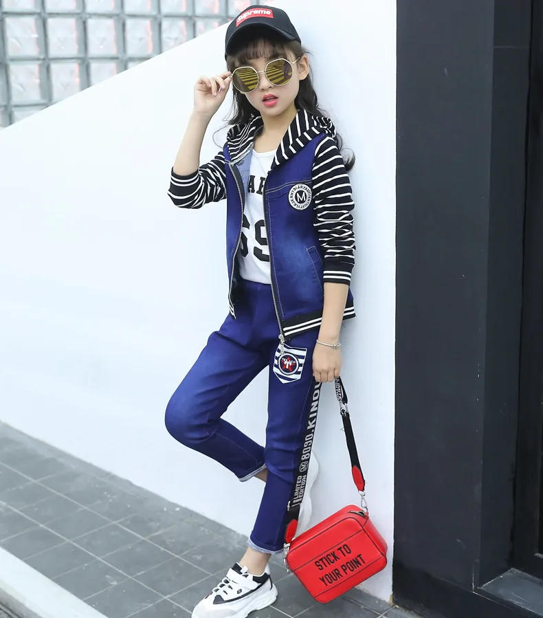 Girls 4-14 Years Casual Fashion Letters Print Stripes Jeans Coats+Blue Washed Jeans Pants Clothing Sets Spring Autumn Jeans Sets