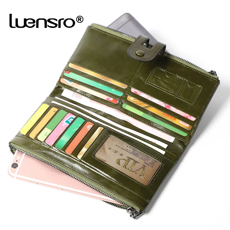 Billetera de cuero genuino de gran capacidad para mujer, cartera con cremallera de mano, informal, con cremallera, Retro