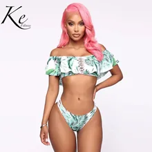 KE new two pieces swimsuit European American bikini ruffled swimwear leaves or leopard with pad and without steel hight waist