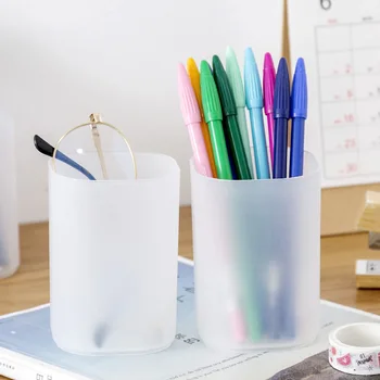 

Frosted Clear Plastic Pencil Pot Holder Cylinder Office Stationery Storage Box Lipstick Cosmetic Brush Makeup Tool Organizer
