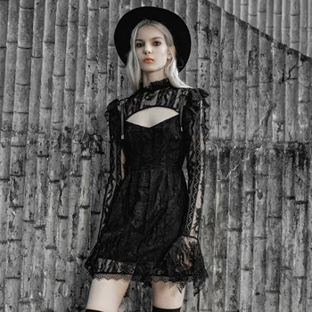

PUNKRAVE Women's Gothic Lotus Stand Colla Hollow-out Lace Dress Simple Style A-line Delicate Stretch Knit Party Prom Sexy Dress