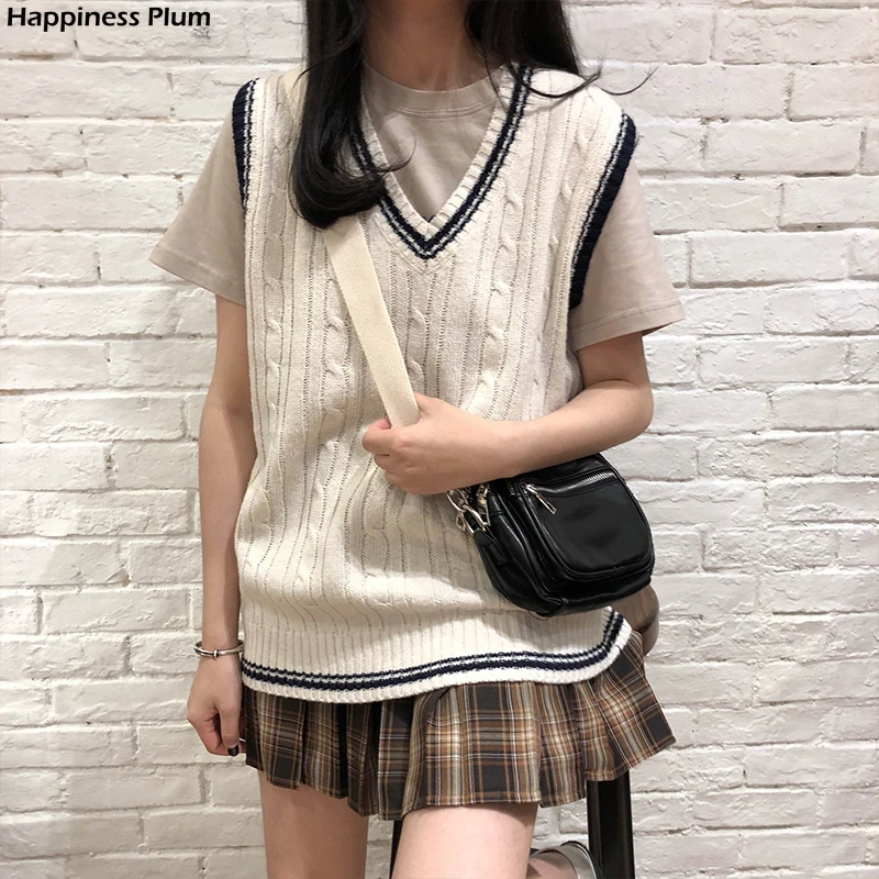

3 colors autumn and winter preppy style v neck knitted sleeveless vest sweaters womens pullovers womens