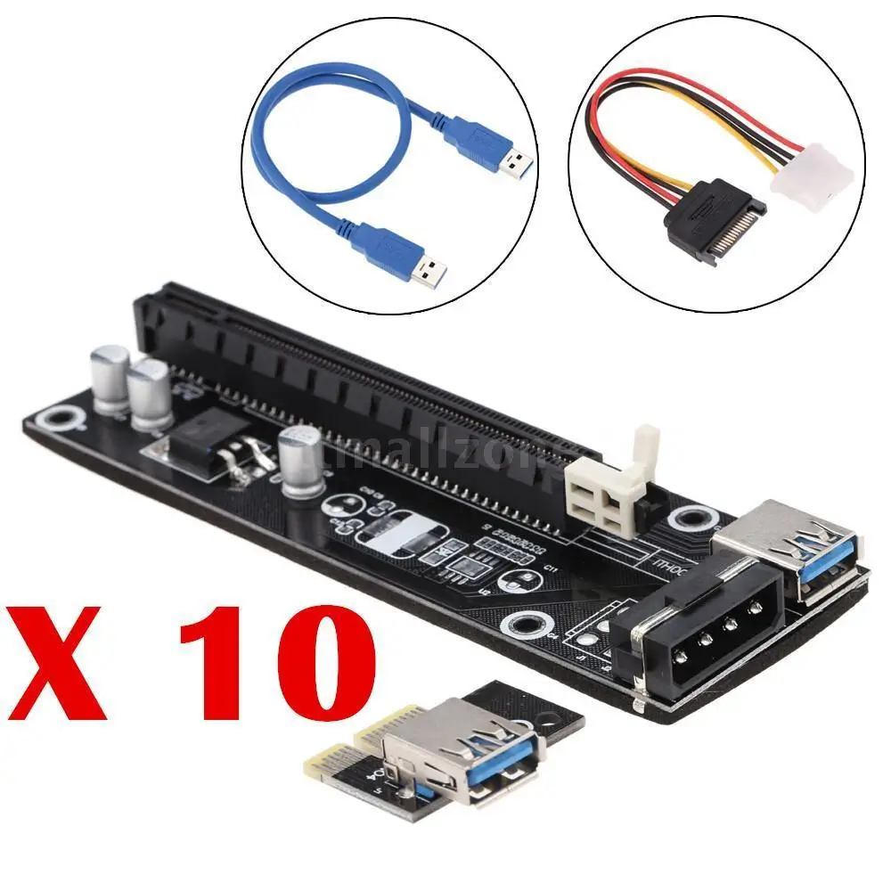 

10pcs USB 3.0 PCI-E Riser PCI E Express 1X to 16X Extender Card Board Adapter Cable SATA 15Pin-6Pin Power for bitcoin mining