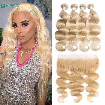 

Virgo Hair 613 Blonde Bundles with Frontal Peruvian Body Wave Blonde Human Hair Bundles with Closure Remy Hair