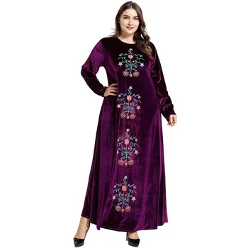 

Middle East Dress Women's Dignified Purple Muslim Abaya Dress Luxury Velvet Vintage Ethnic Embroidery Dubai Islamic Turkey Robe