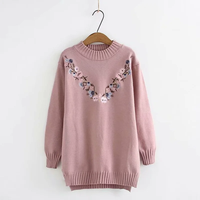 

Plus Size Woman's Fashion Long Knitted Autumn Winter Sweaters Floral Embroidery Long Pullover