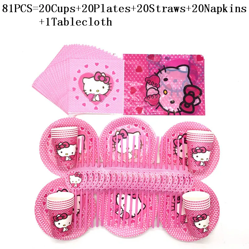 

Hello Kitty Theme 51pcs/81pcs Birthday Napkin Tablecover Kid Girl Birthday Party Decorations Paper Cup Plate Straw Napkin Suppl