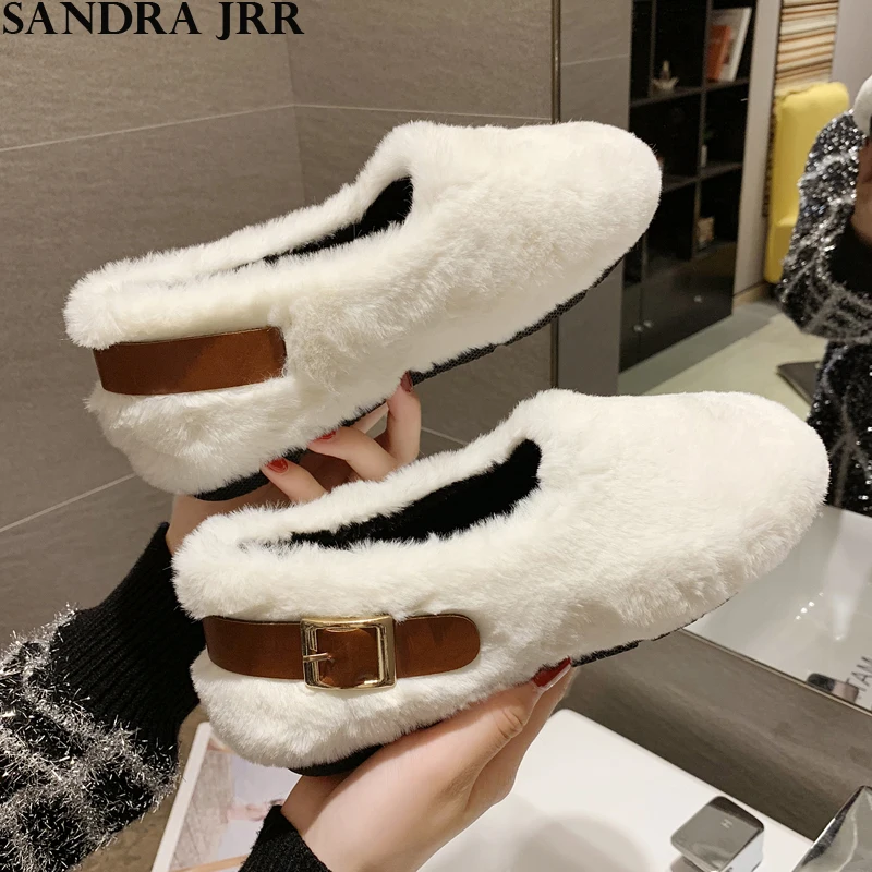 

SANDRA JRR Spring Winter Flats Faux Fur Back Leather Belted Casual Shoes Women Flat Heel Round Toe Slip On Flats