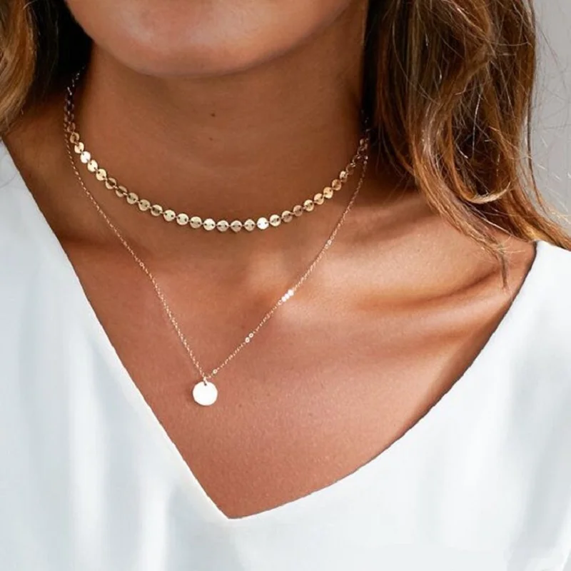 European and American simple sequin double necklace joker round piece multi- layer necklace chain collar bone