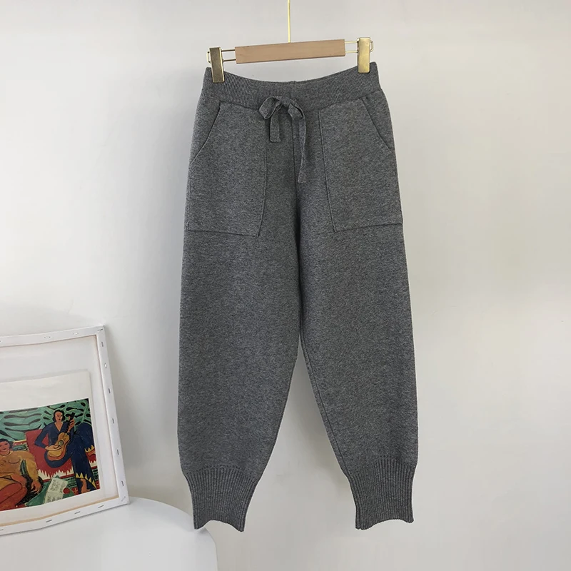 Aachoae 2020 Autumn Winter Knitted Pants Women Elastic Waist Drawstring Trousers Long Pencil Pants With Pockets Ladies Bottoms