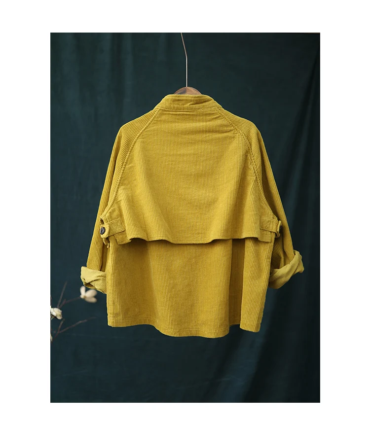 Осенняя Повседневная модная Лоскутная карманная стойка вельветовые куртки Новые однотонные с длинным рукавом винтажные женские короткие пальто