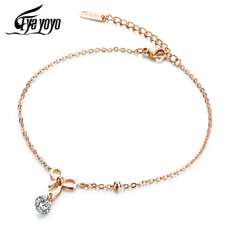

EyeYoYo Titanium Steel Butterfly Bow-Knot Crystal Anklet Newest Simple Jewelry Sisters Gift