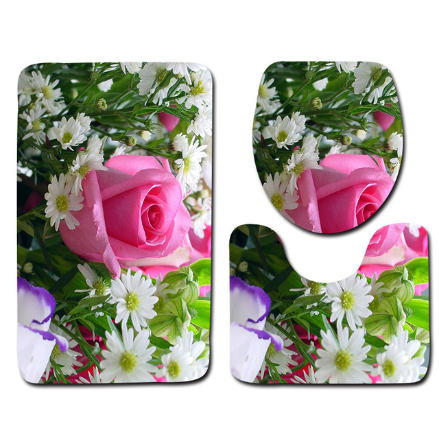Flower Bathroom Mat Toilet Three-piece Anti-slip Mat Bathroom Mat + Contour Carpet + Toilet Cover Absorbent Cover Baño