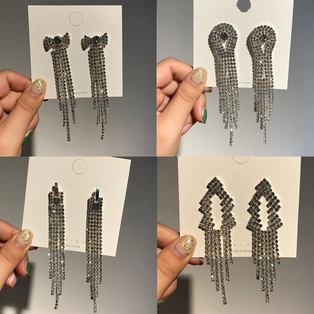 Flatfoosie New Silver Color Rhinestone Crystal Long Tassel Earrings for Women Bridal Dangle Earrings Brincos Wedding Jewelry