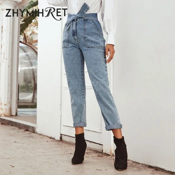 

ZHYMIHRET Tie Front High Waist Jeans Women Denim Pants 2019 Autumn Casual Trousers Pockets Ankle Length Pants Streetwear