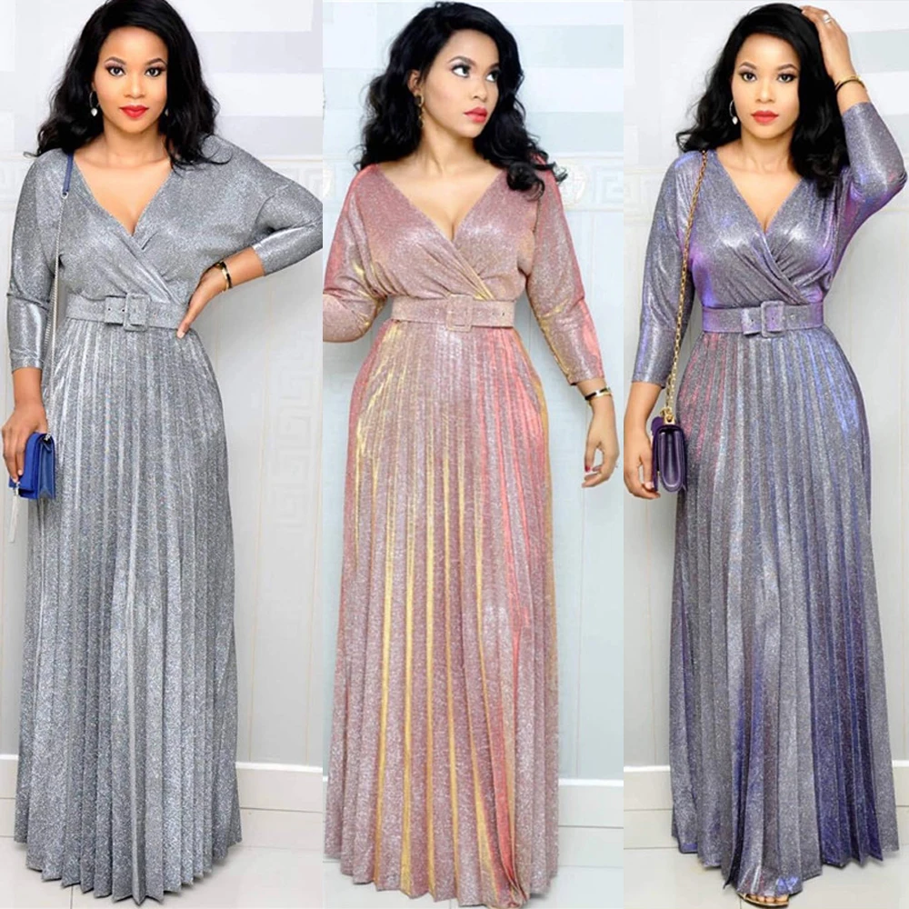 

African Dresses for Elegant Women Shinny Glitter Pleated V-neck Long Maxi Dress With Belt Vestidos Femme Prom Evening Party Gown
