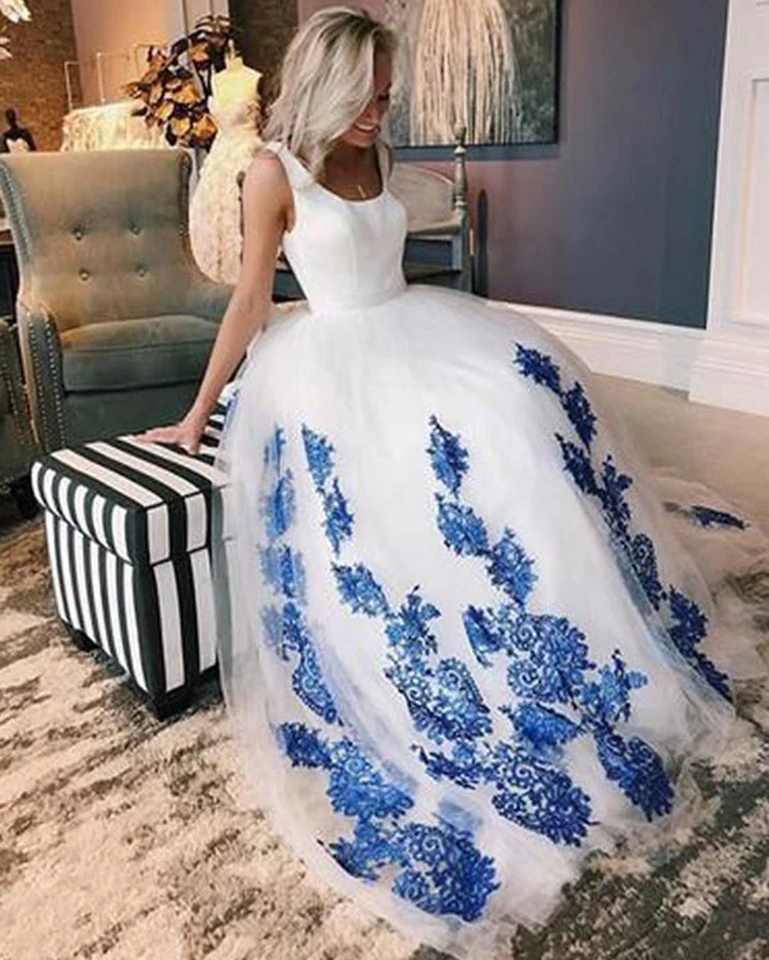 blue and white wedding gowns