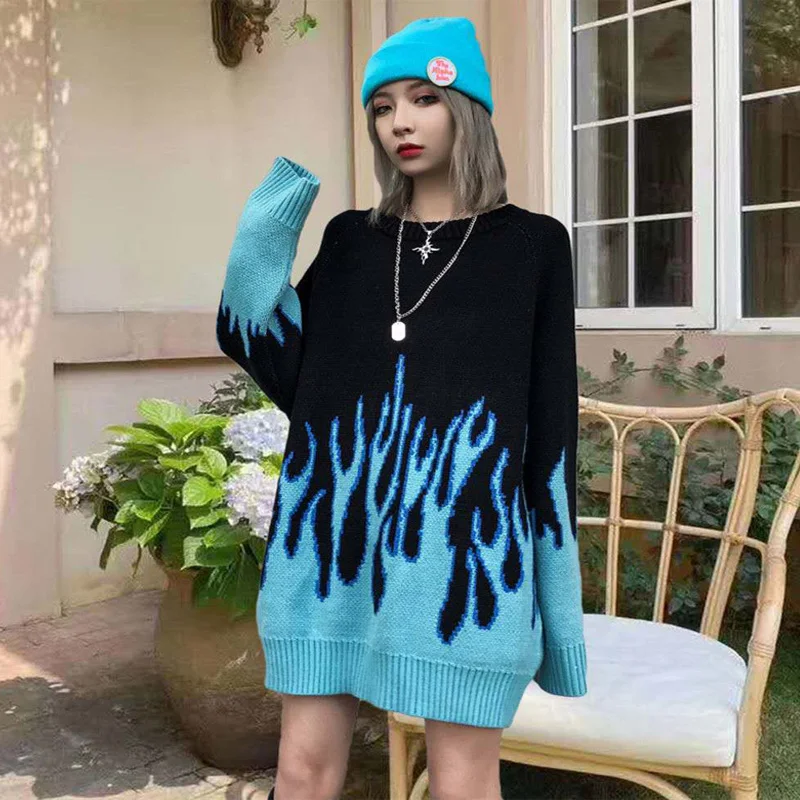 vetement femme 2021 Winter Autumn Loose Blue Flame Sweater Women Plus Size purple Female Pullover Womens Sweaters tops Pull
