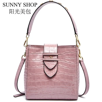 

SUNNY SHOP Bucket Bags for Women Genuine Leather Handbag Fashion Crocodile Alligator Shoulder Bag High Quality