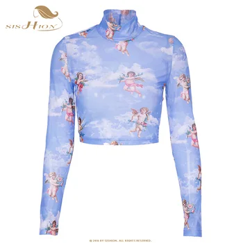 

SISHION Women Summer Sexy Mesh Top VD1377 Little Angel Print Long Sleeve Sheer Top Black Blue Crop Top