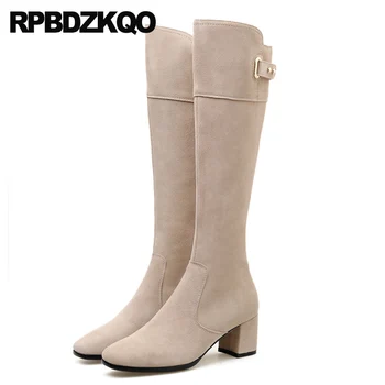 

tall suede fur square toe shoes retro long winter side zip boots autumn knee high genuine leather vintage chunky block women
