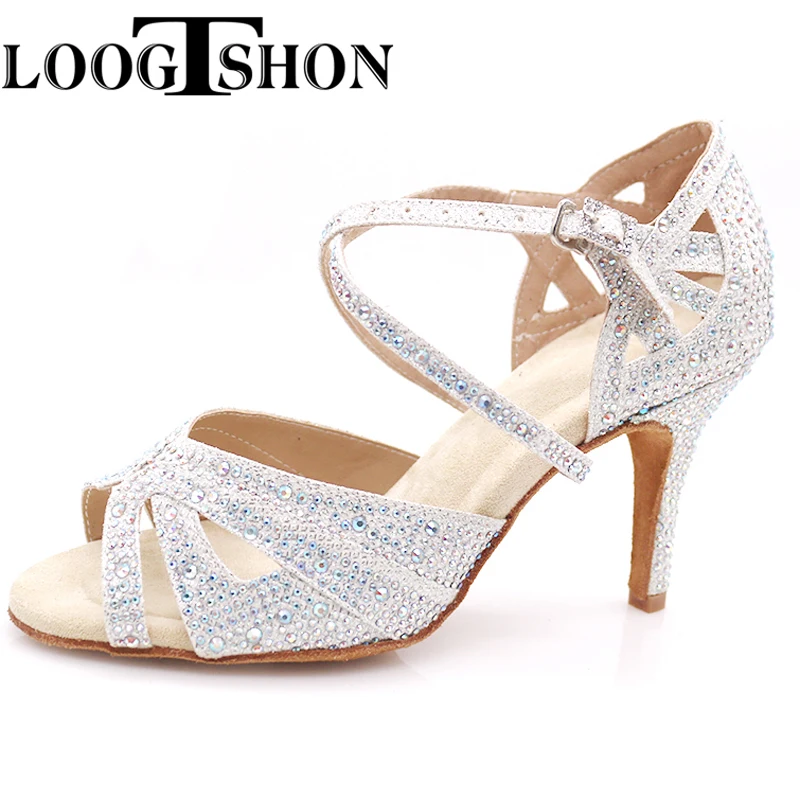 Loogtshon Women Latin Dance Shoes Rhinestones Soft Bottom Salsa Shoes For Dancing Ladies Sandals Women's Wedding Hight Heels 7.5