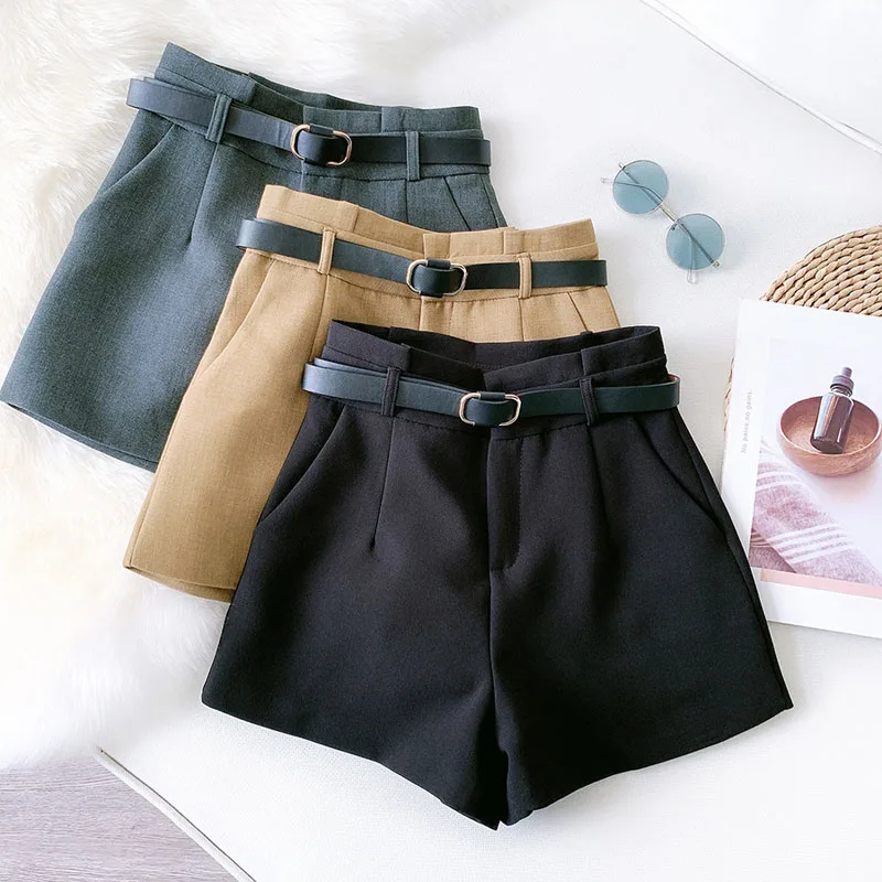 Wasteheart Autumn Black Gray Khaki Shorts Women High Waist Shorts Camel PU Sashes Bottom Zipper Sashes England Style OL Formal
